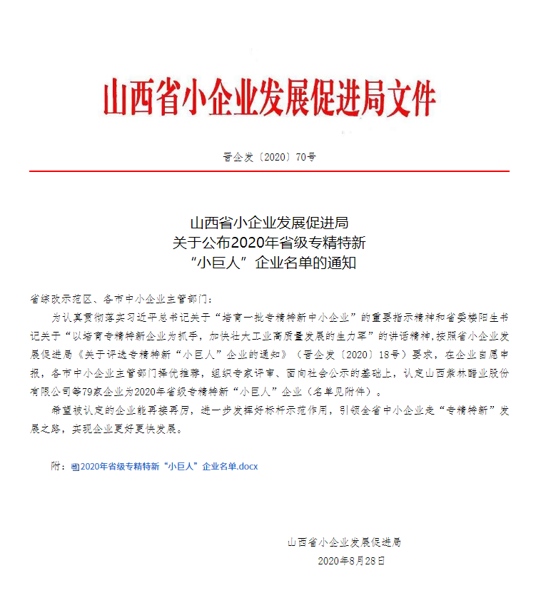 喜訊！熱烈慶祝我司被認(rèn)定為山西省“專精特新”小巨人企業(yè)！